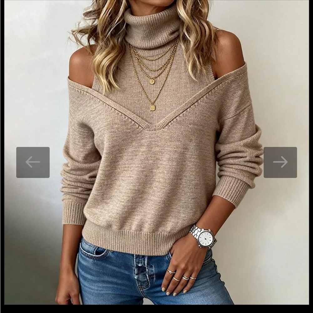 NWT Women's Brown Off The Shoulder Turtleneck Sweater